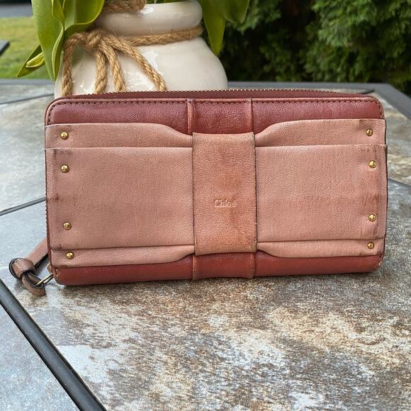 Chloe Mauve Leather June Bow Studded Card Holder Long Zipper Wallet - Picture 1 of 14